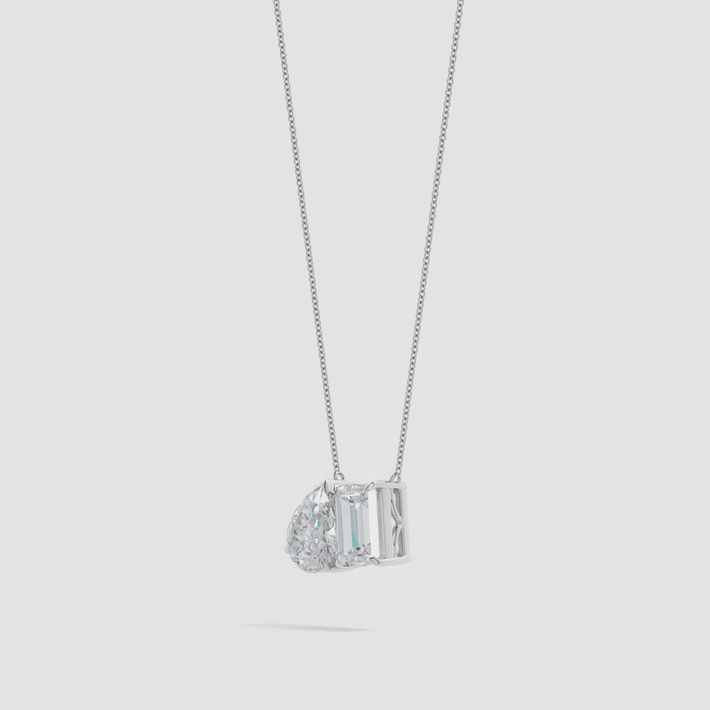 AGI Certified Lab-Grown Emerald-Cut & Pear Diamond Two-Stone Pendant in 14K White Gold – Choice of 1ctw or 2ctw