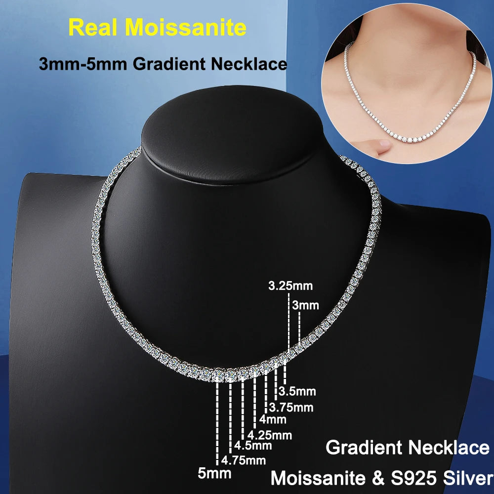 Gradient Full Moissanite Diamond Tennis Necklace for Women 925 Sterling Silver Plated 18K White Gold Neck Chain Jewely with GRA