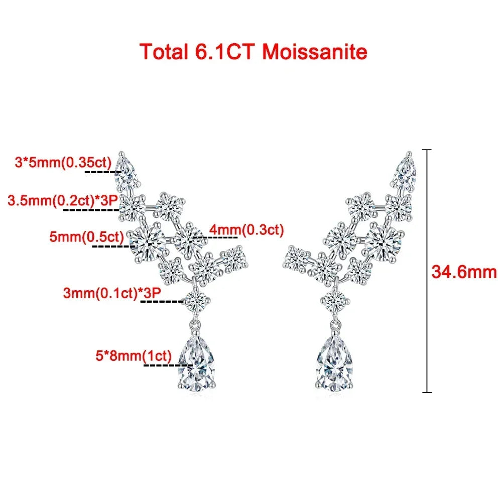 6.1cttw Luxury Full Moissanite Drop Earrings for Women 925 Sterling Silver D Color Sparkling Pear Cut Diamond Wedding Jewely GRA