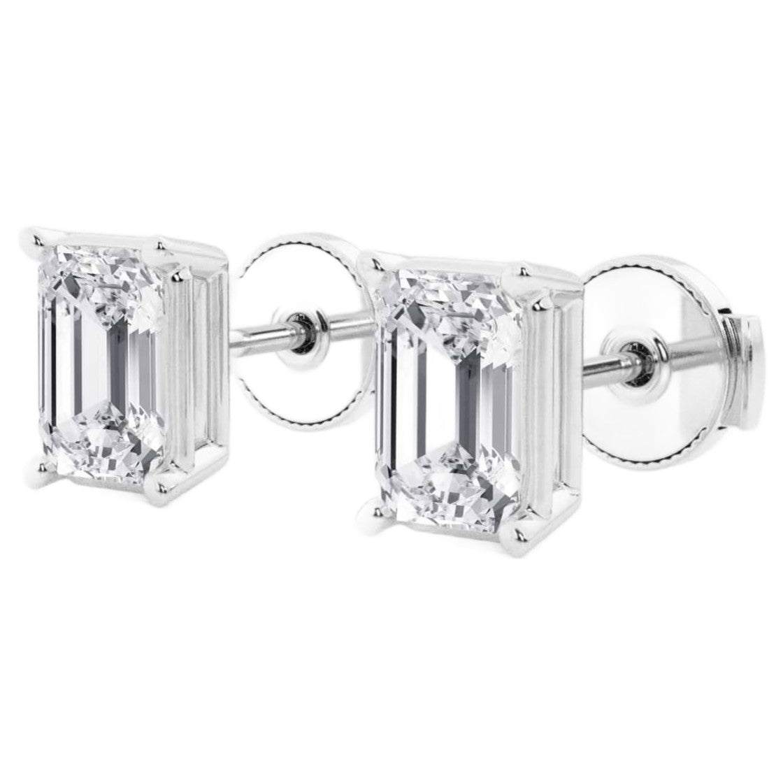 AGI Certified Lab Grown Emerald Cut Diamond Stud Earrings In 14K White Gold