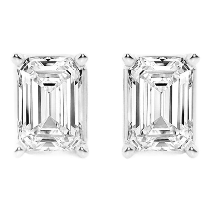 AGI Certified Lab Grown Emerald Cut Diamond Stud Earrings In 14K White Gold