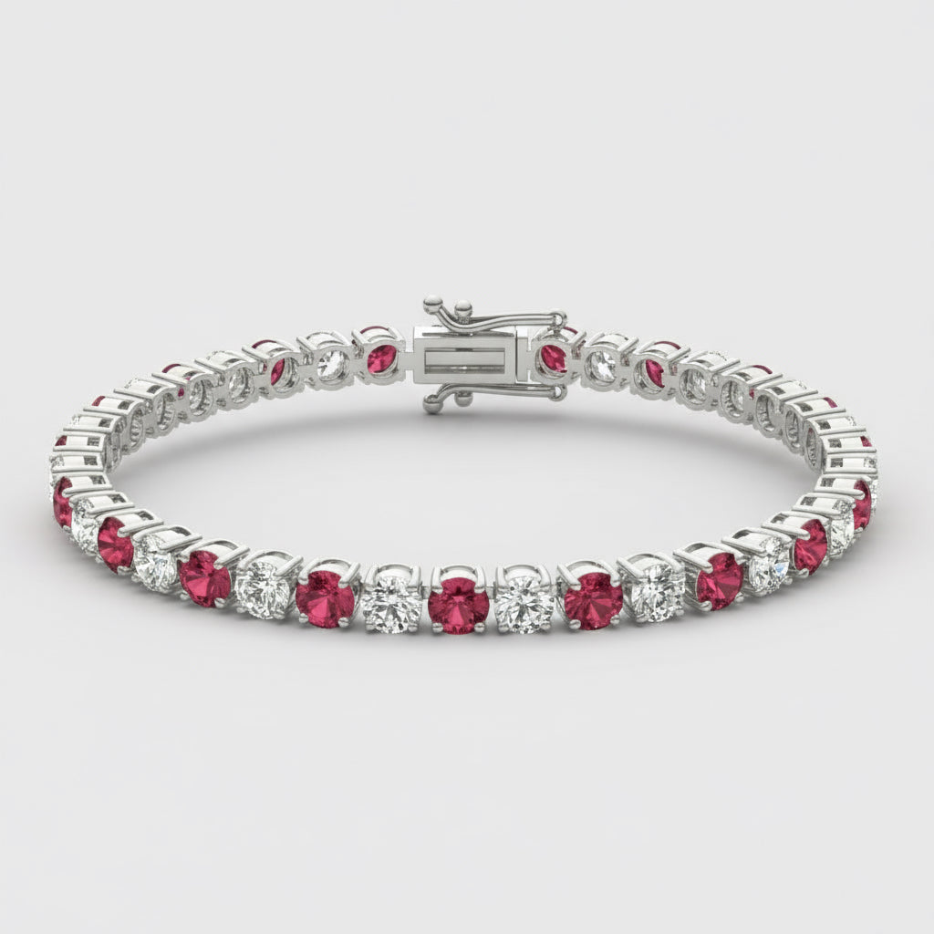 7.50 CTW AGI Certified Lab Created Ruby & Diamond Tennis Bracelet in 14K White Gold Overlay