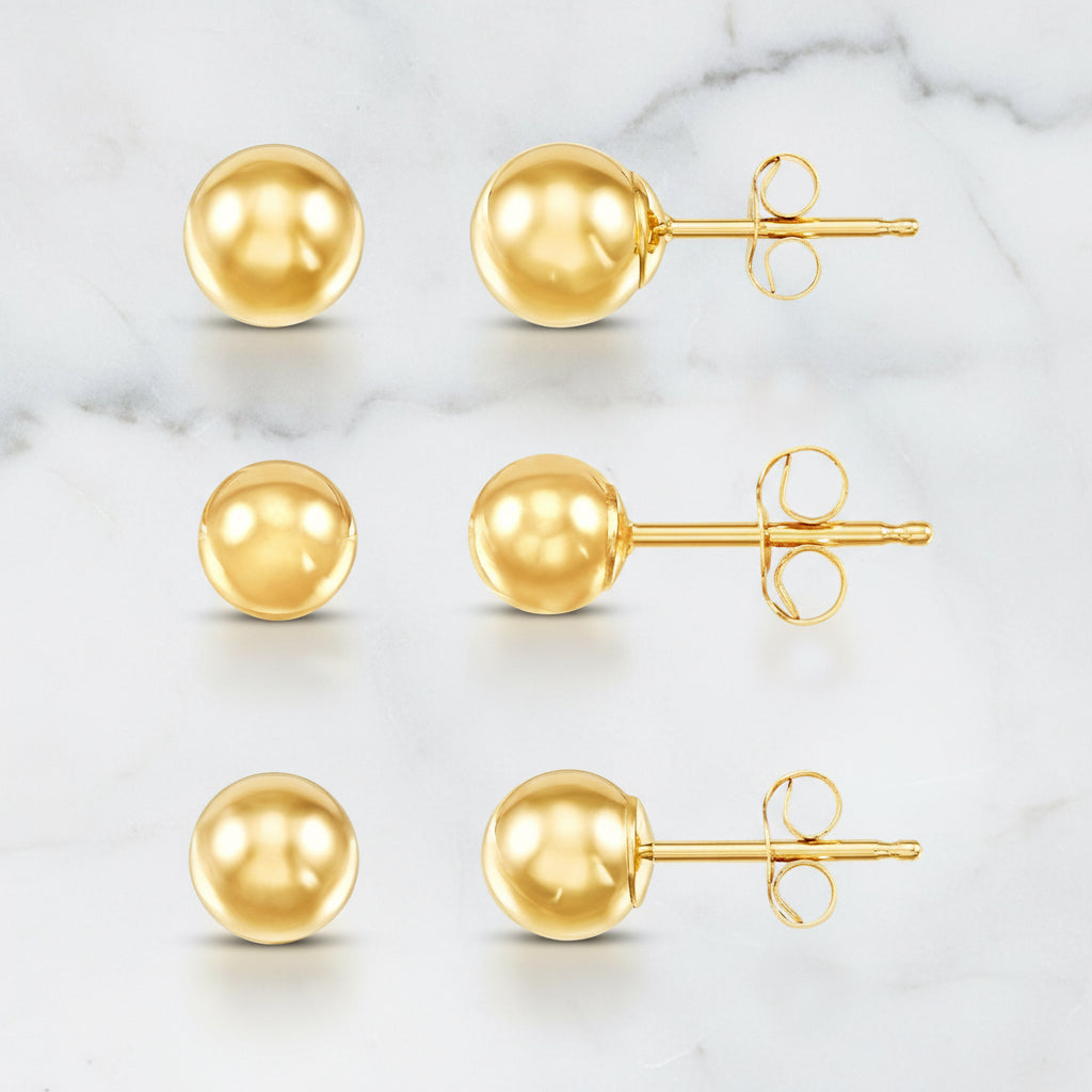 14K Yellow Gold Ball Stud Earrings Set – 3 Sizes (4mm, 5mm, 6mm) with Friction Backs