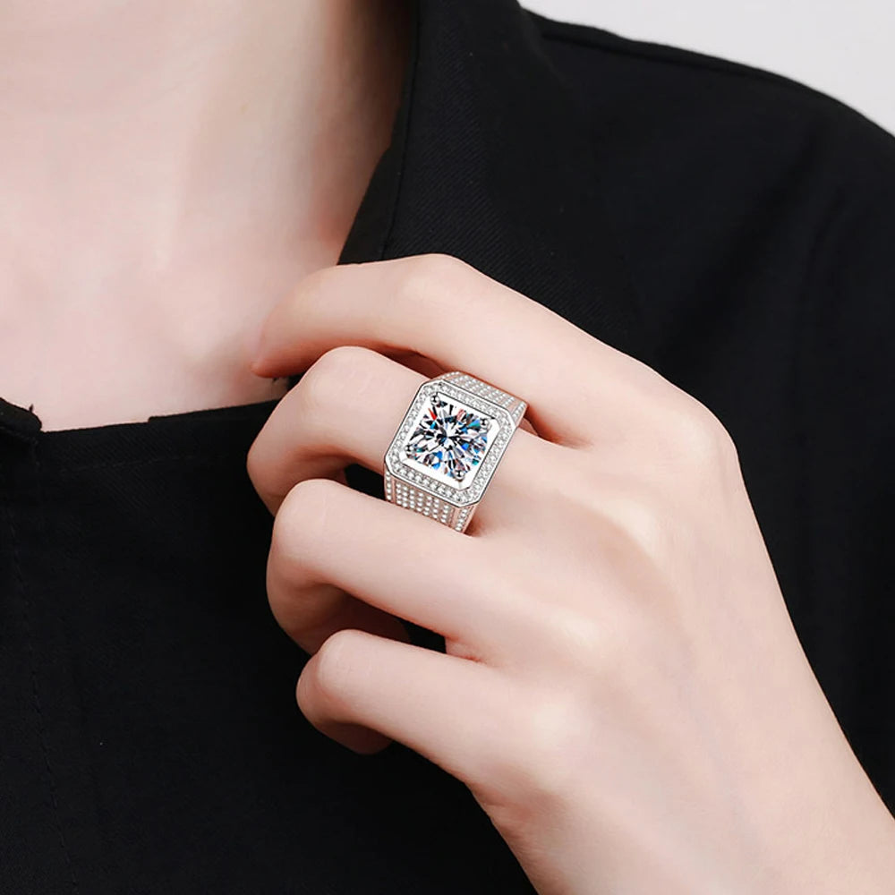 KNOBSPIN 5ct D Color Moissanite Ring 925 Sterling Sliver Plated 18k Eternity Band Hip Hop Rings for Man Party Sparkling Jewely