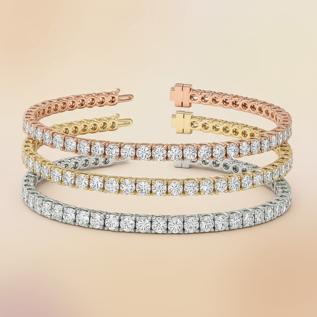 Set of Three 6ctw Created Moissanite Tennis Bracelets – 3mm Stones – 14K Gold Overlay in White, Yellow & Rose Gold